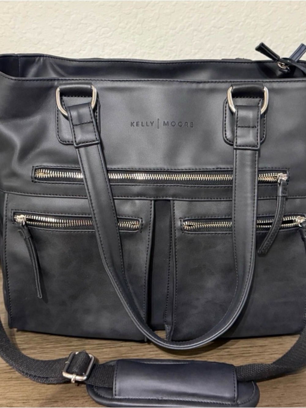 Kelly Moore Black Structured Tote with Multiple Zip Pockets